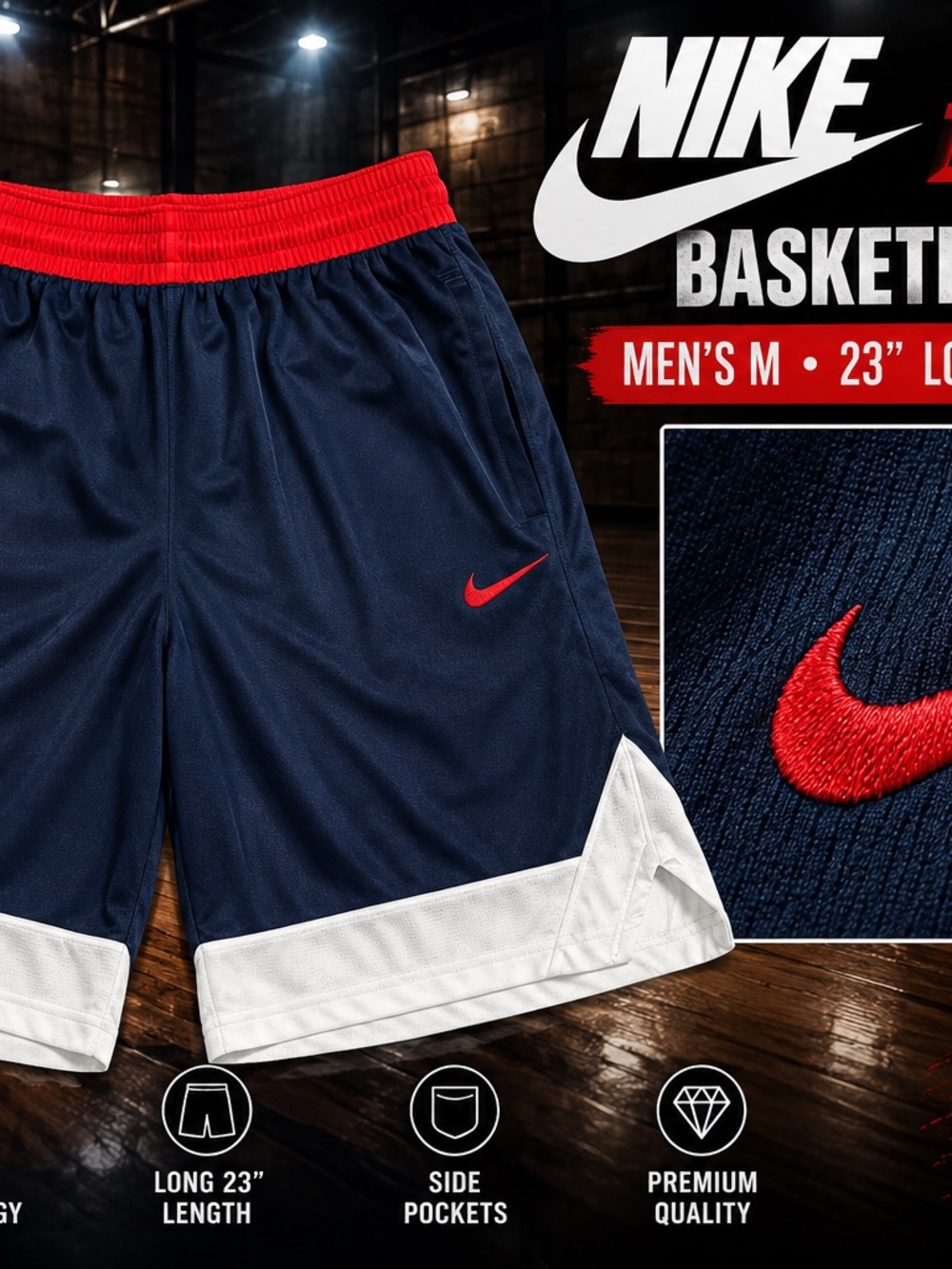 Nike Dri-FIT Basketball Shorts Mens M Navy Red White Long Baggy AJ3914-419